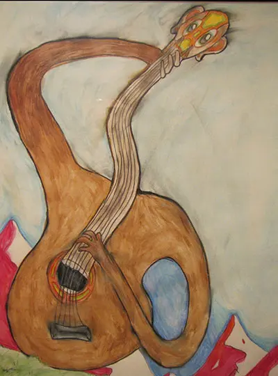 Guitar-playing-his-self A painting of an instrument with a snake on it.