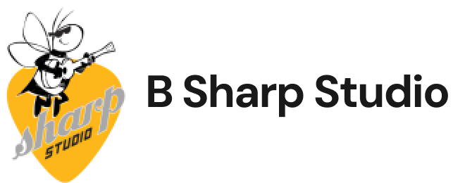 A cartoon bee plays a guitar on a yellow guitar pick with text "B Sharp Studio" in stylized font.